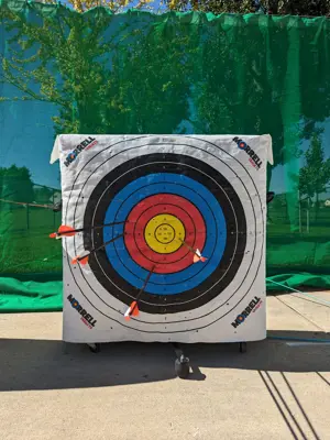Archery target with arrow in it on a sunny summer day on the range