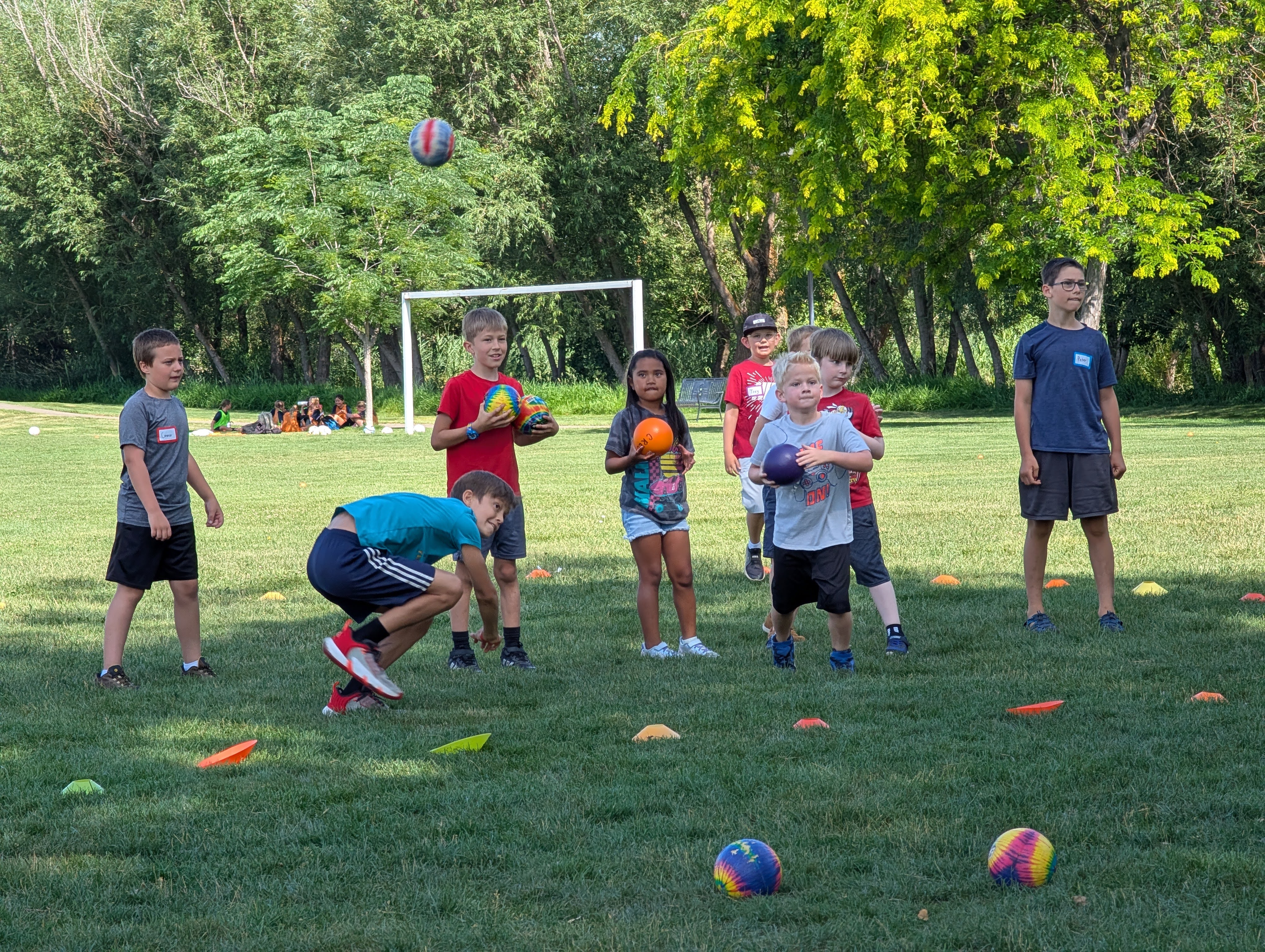 Youth playing dodgeball on grass in a park