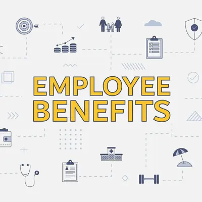 An image that describes employee benefits including time off, medical, dental