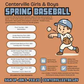 2026 Spring Youth Baseball Sign Ups Jan.5-Feb.23 for Pre-K through 9th grade