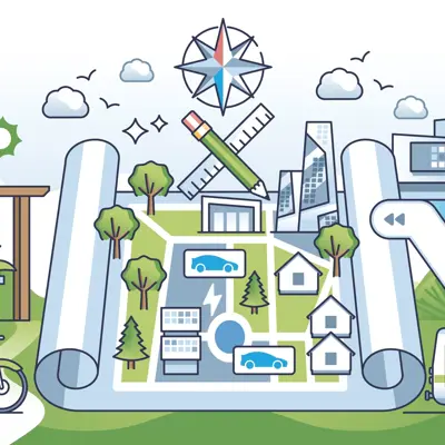 a map depicting roads, bike trails, transit routes and community development